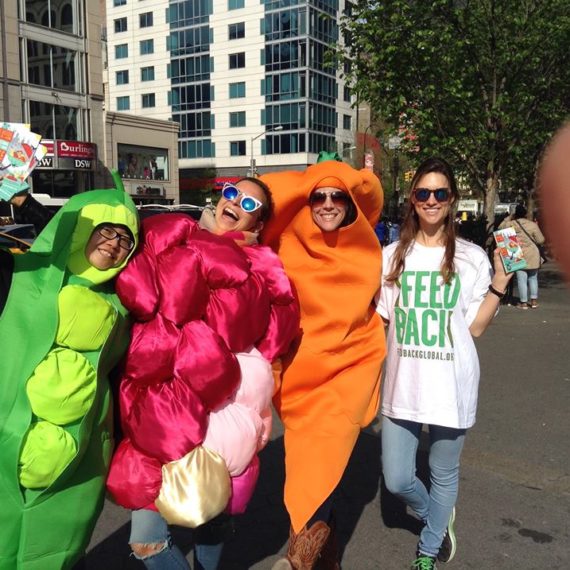 collection of vegetable costumes with public
